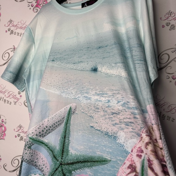 Model France beach scene tshirt starfish ocean bling diamond details sparkly y2k - Picture 14 of 15